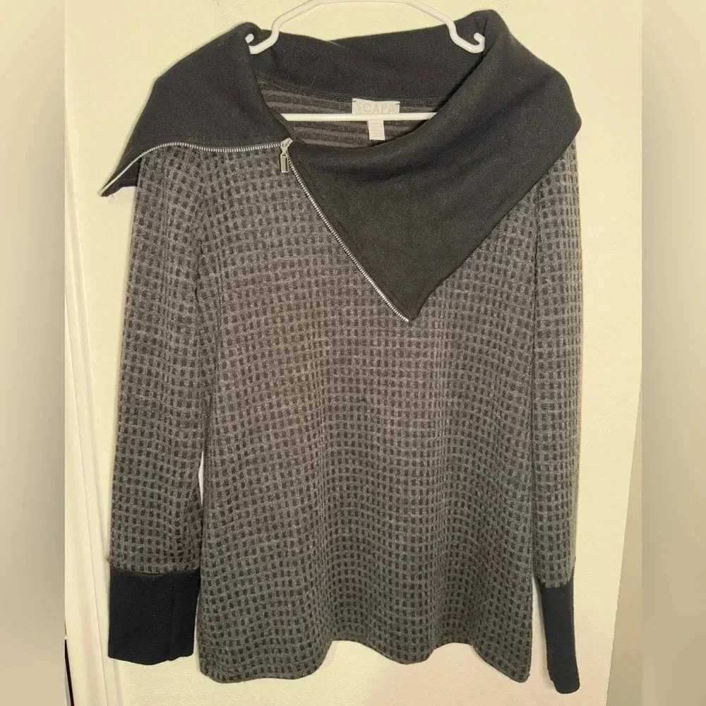 SCAPA Lauren Perre Gray Waffle Knit Pullover Asymmetric Zip Collar Womens Sz M